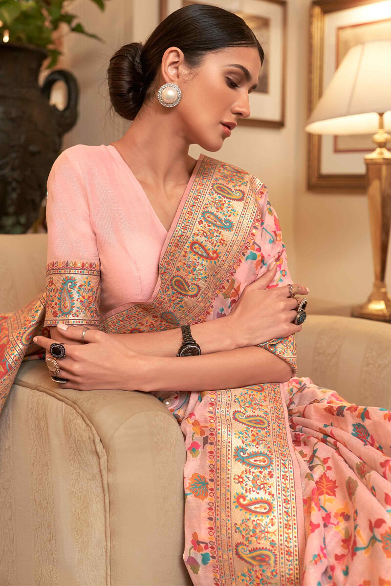 Ailurophile Baby Pink Pashmina saree With A dreamy Blouse Piece