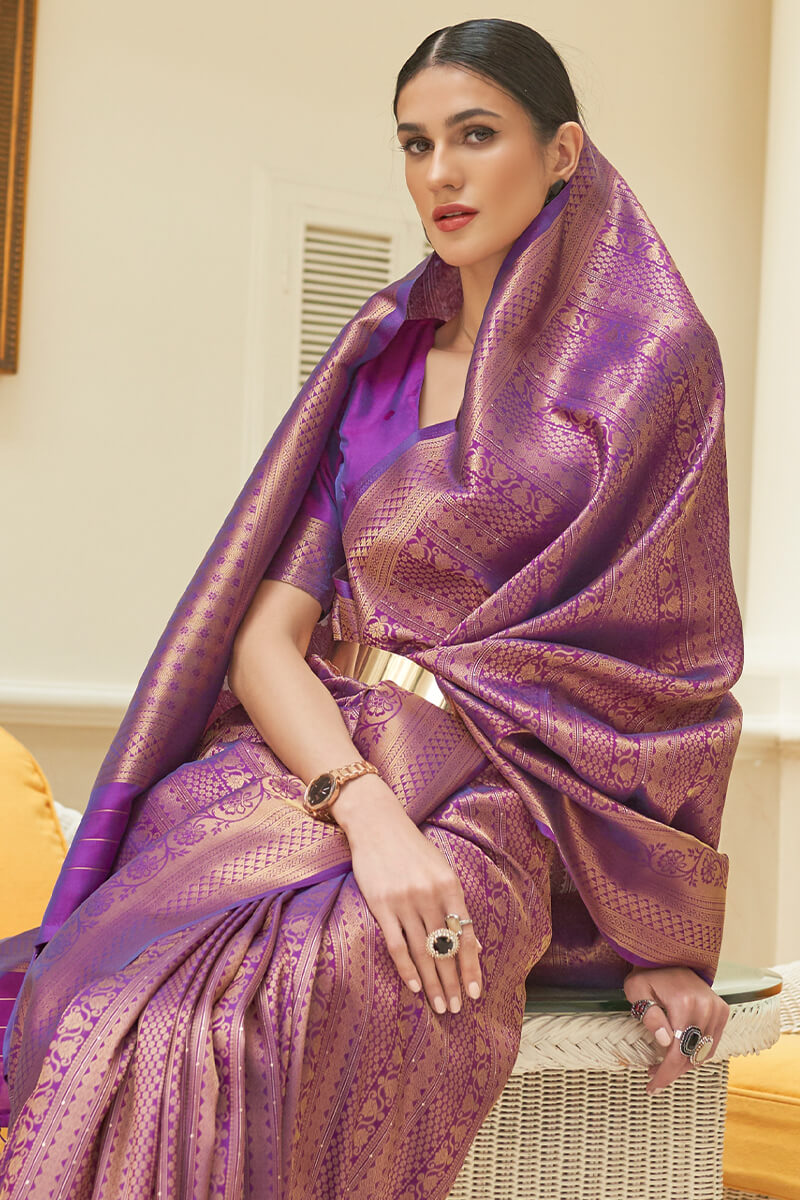 Assemblage Purple Kanjivaram Silk Saree With A glam Blouse Piece