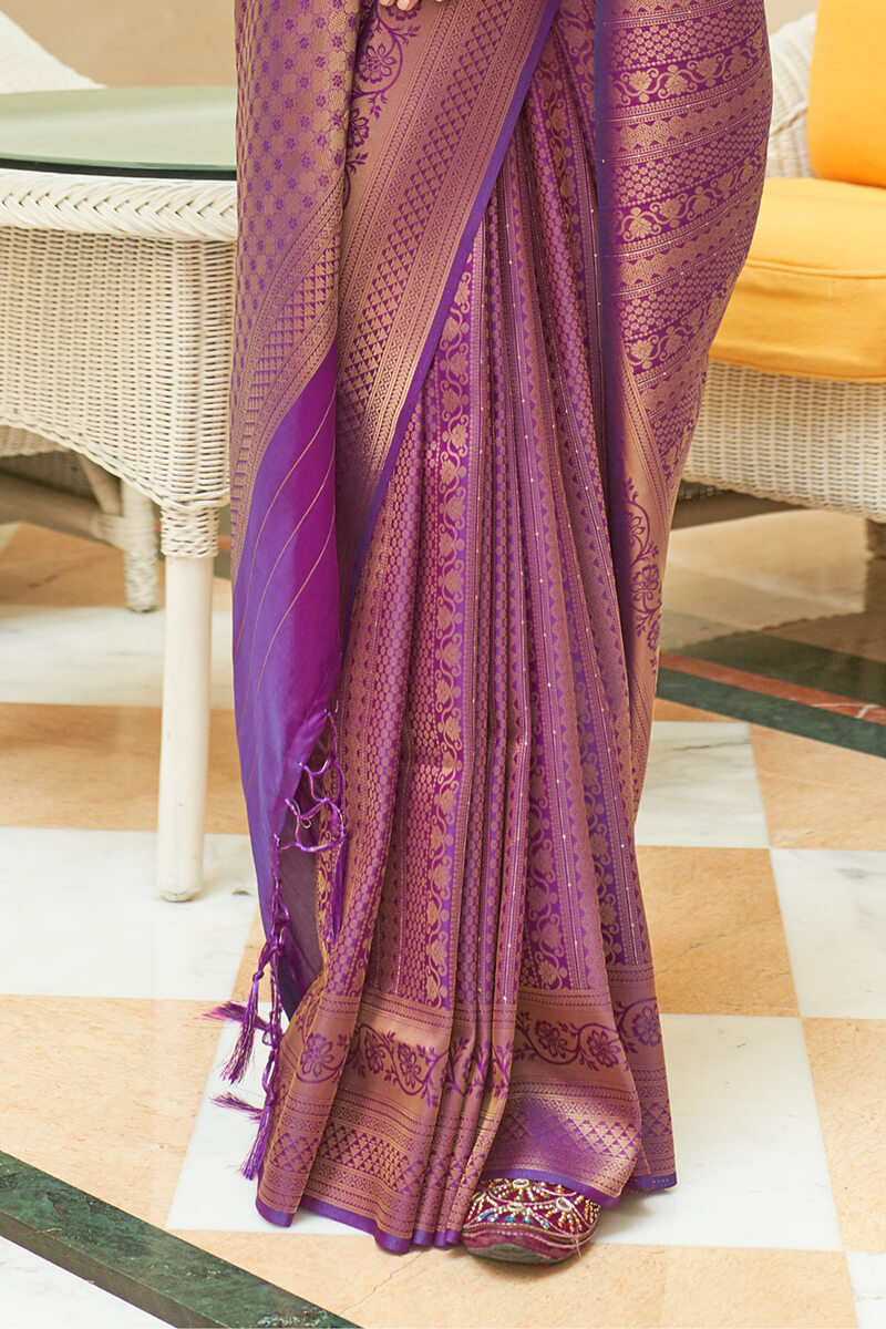 Assemblage Purple Kanjivaram Silk Saree With A glam Blouse Piece