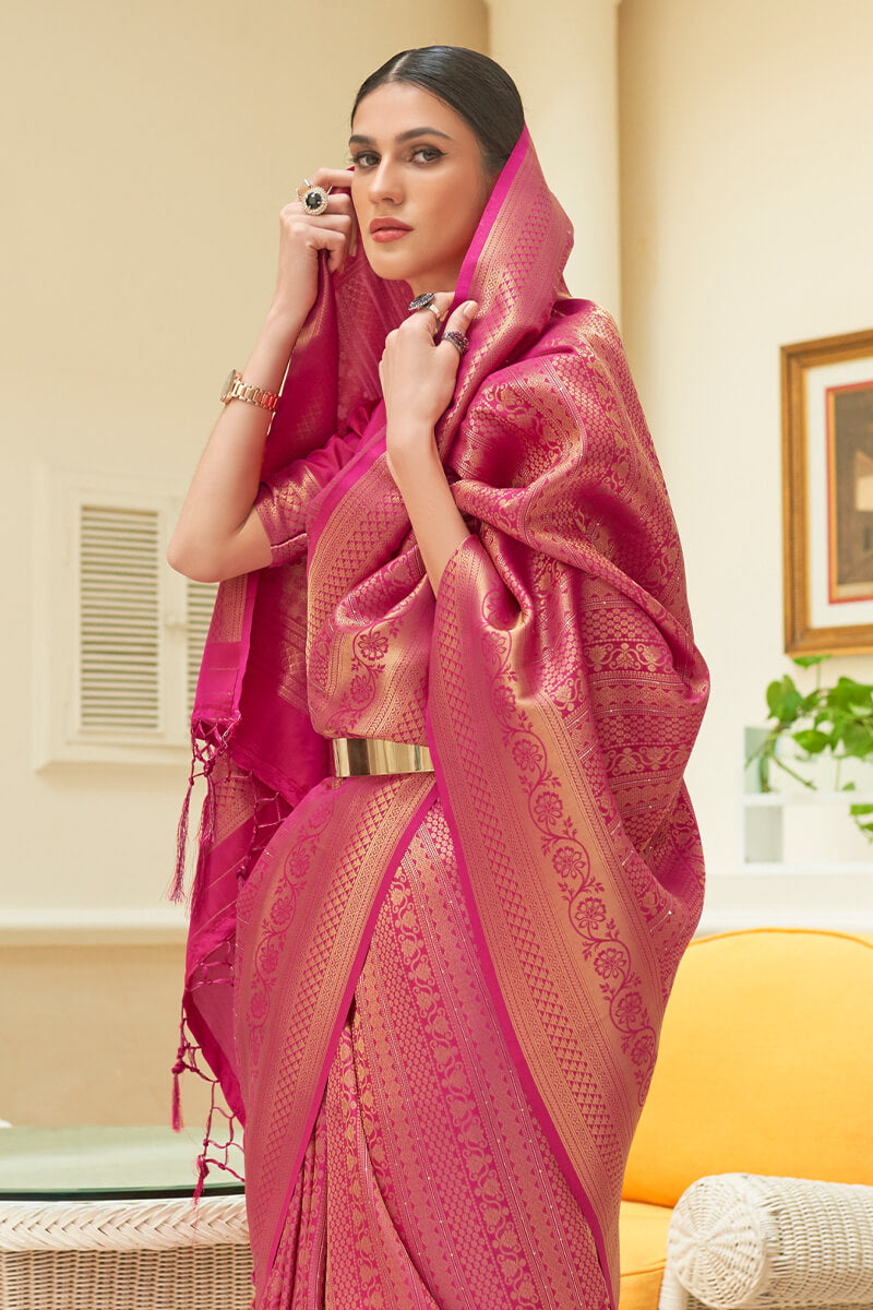 Majesty Dark Pink Kanjivaram Silk Saree With Exquisite Blouse Piece