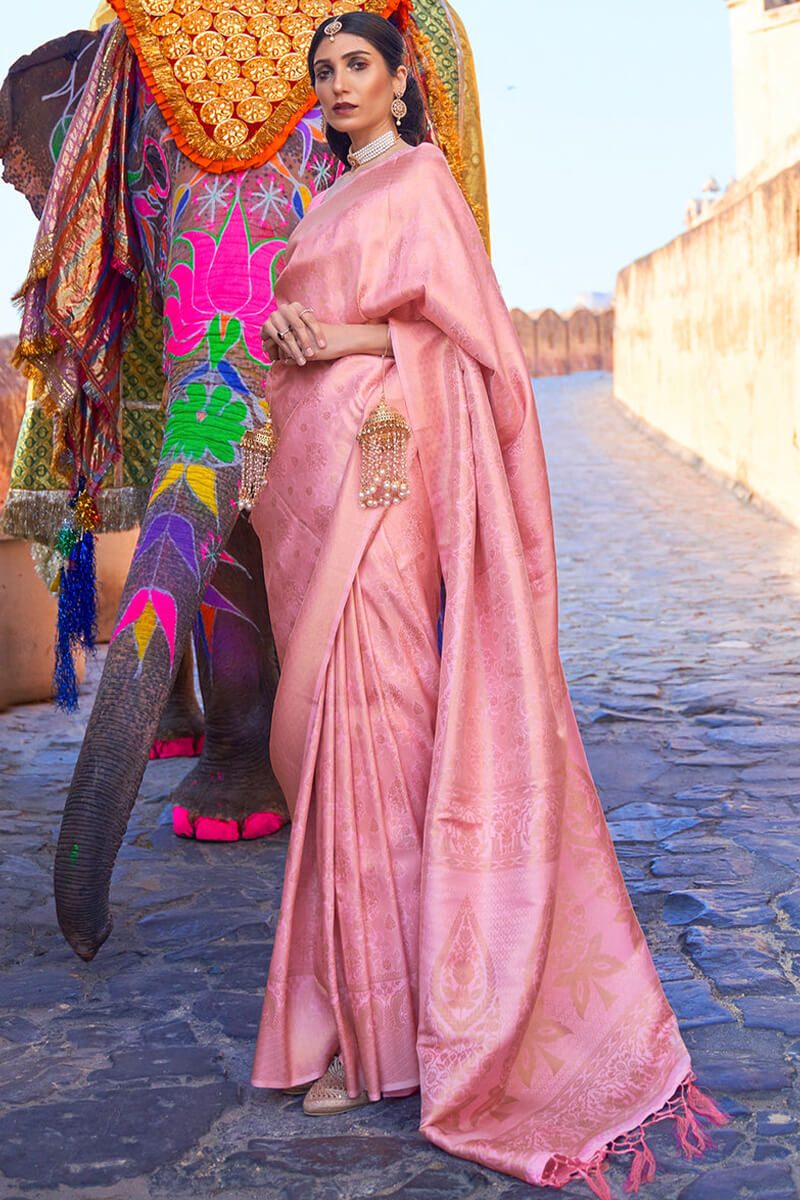 Bewitching Pink Kanjivaram Silk Saree with Most Flattering Blouse Piece