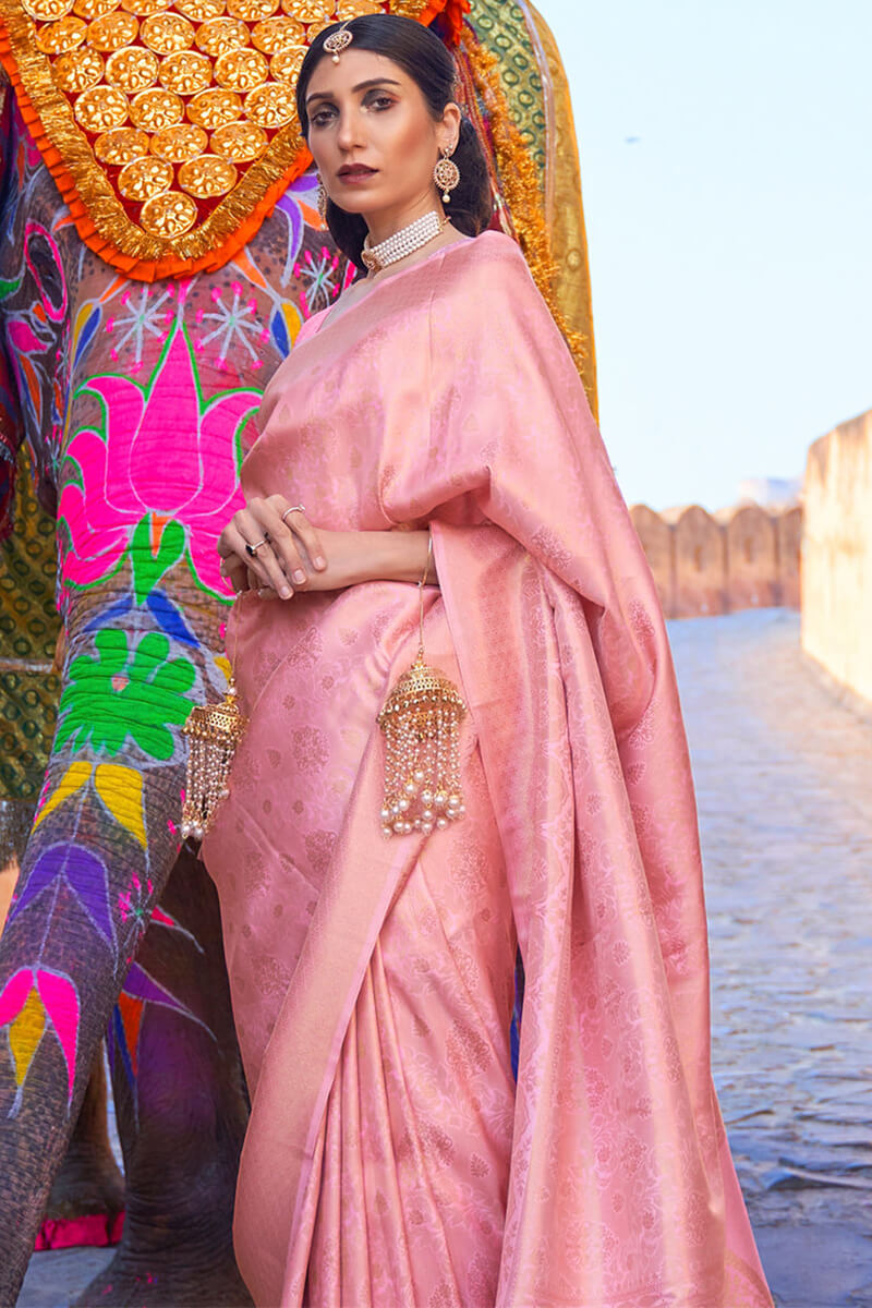 Bewitching Pink Kanjivaram Silk Saree with Most Flattering Blouse Piece