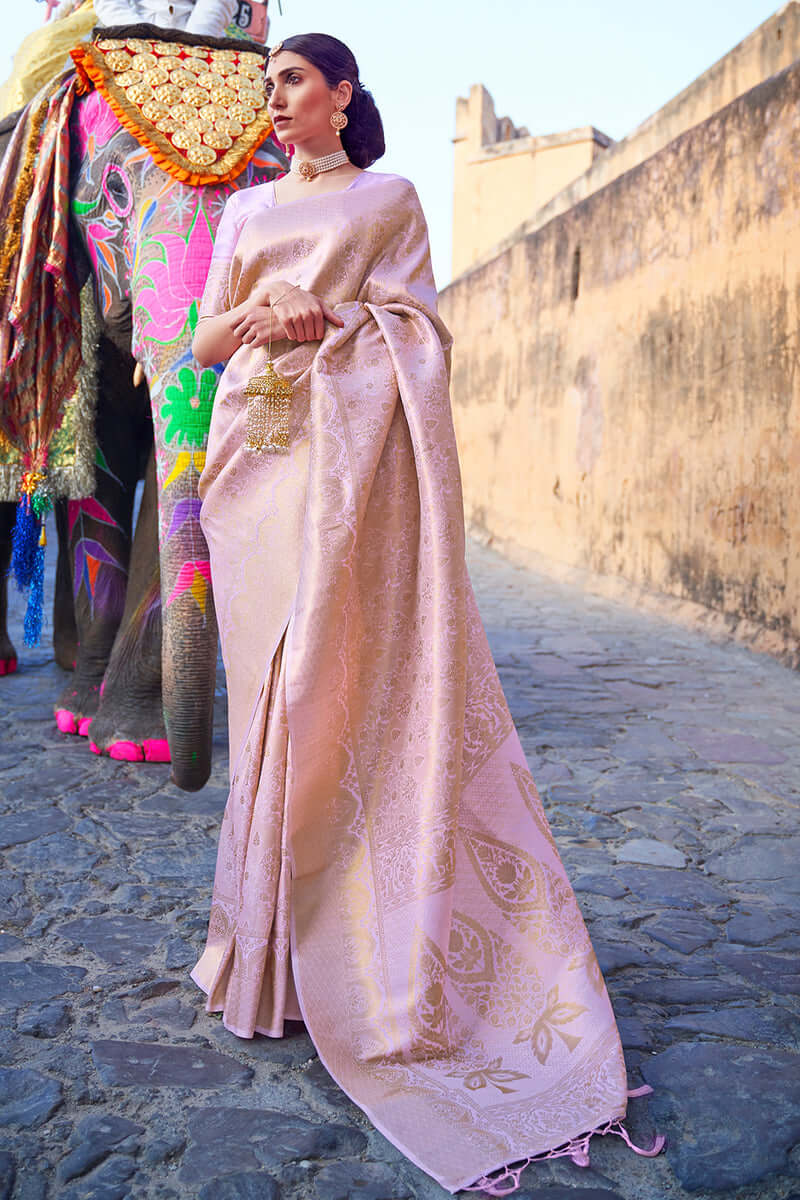 Ravishing Baby Pink Kanjivaram Silk Saree with Fairytale Blouse Piece