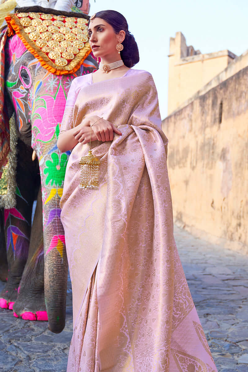 Ravishing Baby Pink Kanjivaram Silk Saree with Fairytale Blouse Piece