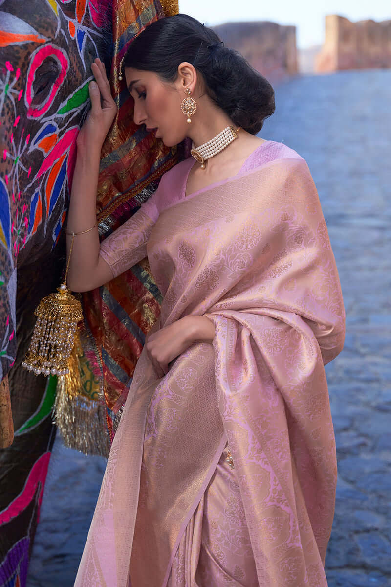 Ravishing Baby Pink Kanjivaram Silk Saree with Fairytale Blouse Piece