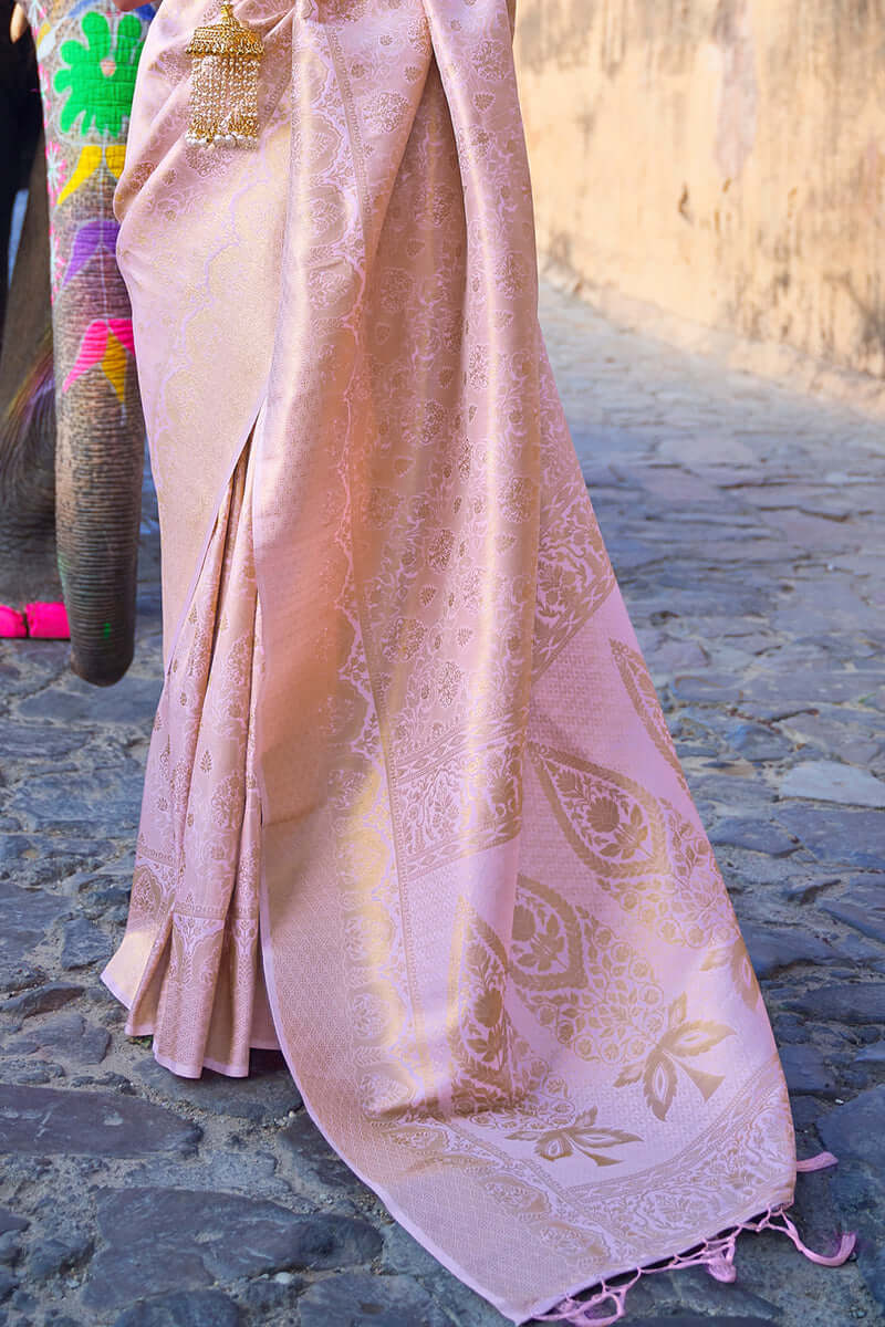 Ravishing Baby Pink Kanjivaram Silk Saree with Fairytale Blouse Piece