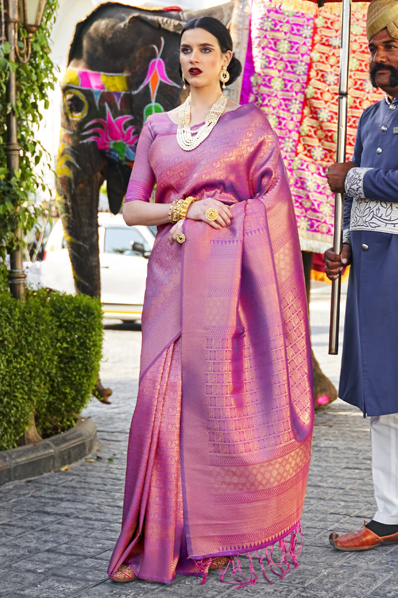 Resonant Purple Kanjivaram Silk Saree With Whimsical Blouse Piece