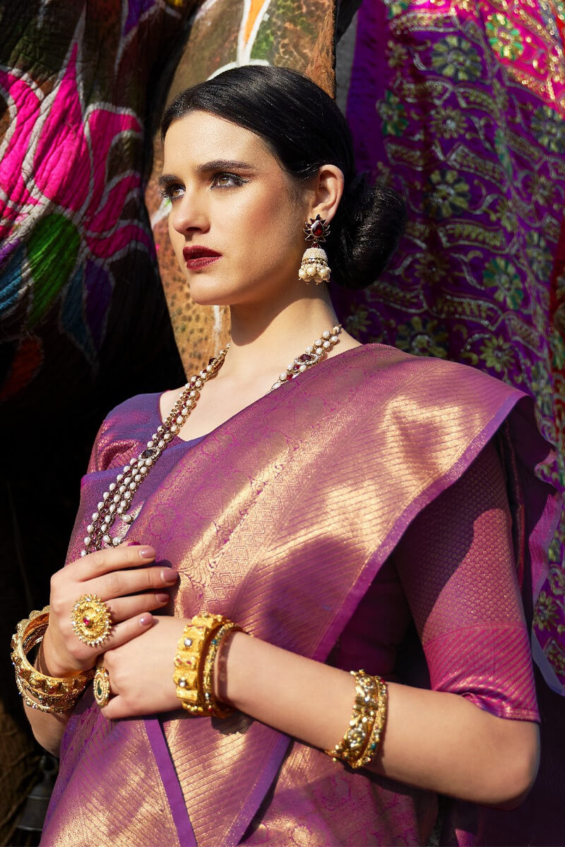 Resonant Purple Kanjivaram Silk Saree With Whimsical Blouse Piece