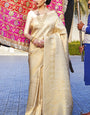 Angelic Beige Kanjivaram Silk Saree With Inspiring Blouse Piece