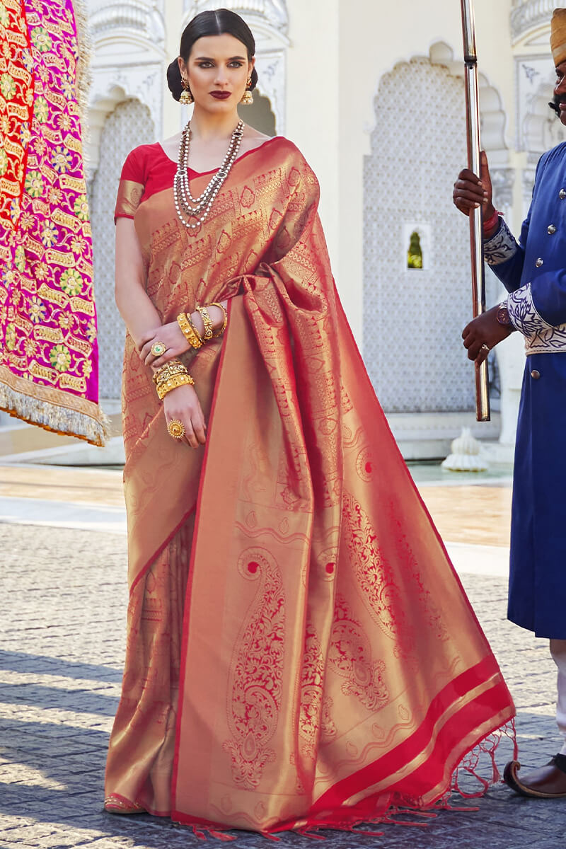 Admirable Red Kanjivaram Silk Saree With Twirling Blouse Piece