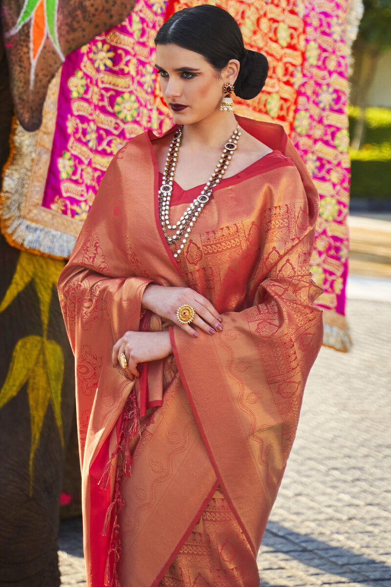 Admirable Red Kanjivaram Silk Saree With Twirling Blouse Piece