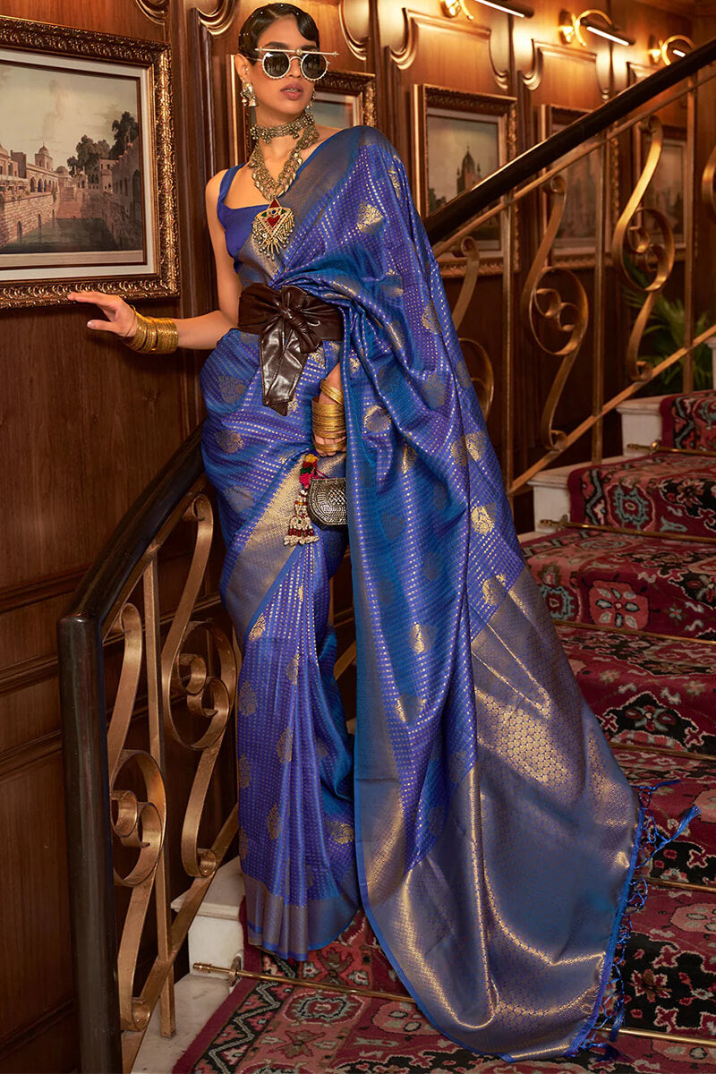 Opulent Royal Blue Kanjivaram Silk Saree with Classic Blouse Piece