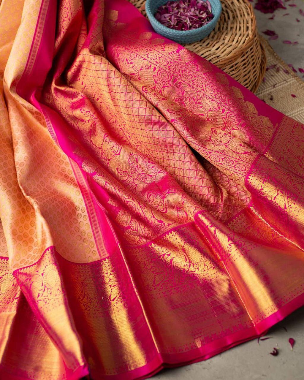 Conflate Peach Soft Banarasi Silk Saree With Amiable Blouse Piece