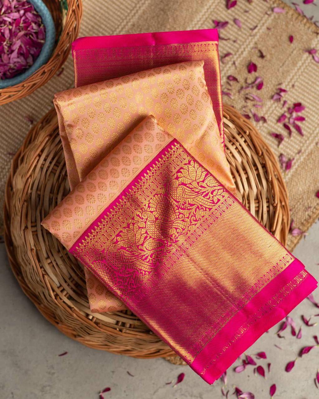 Conflate Peach Soft Banarasi Silk Saree With Amiable Blouse Piece