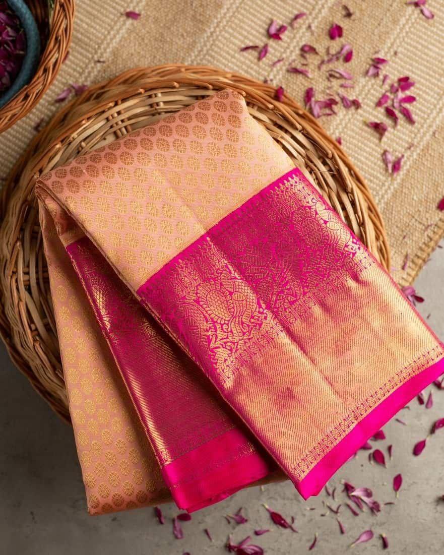 Conflate Peach Soft Banarasi Silk Saree With Amiable Blouse Piece