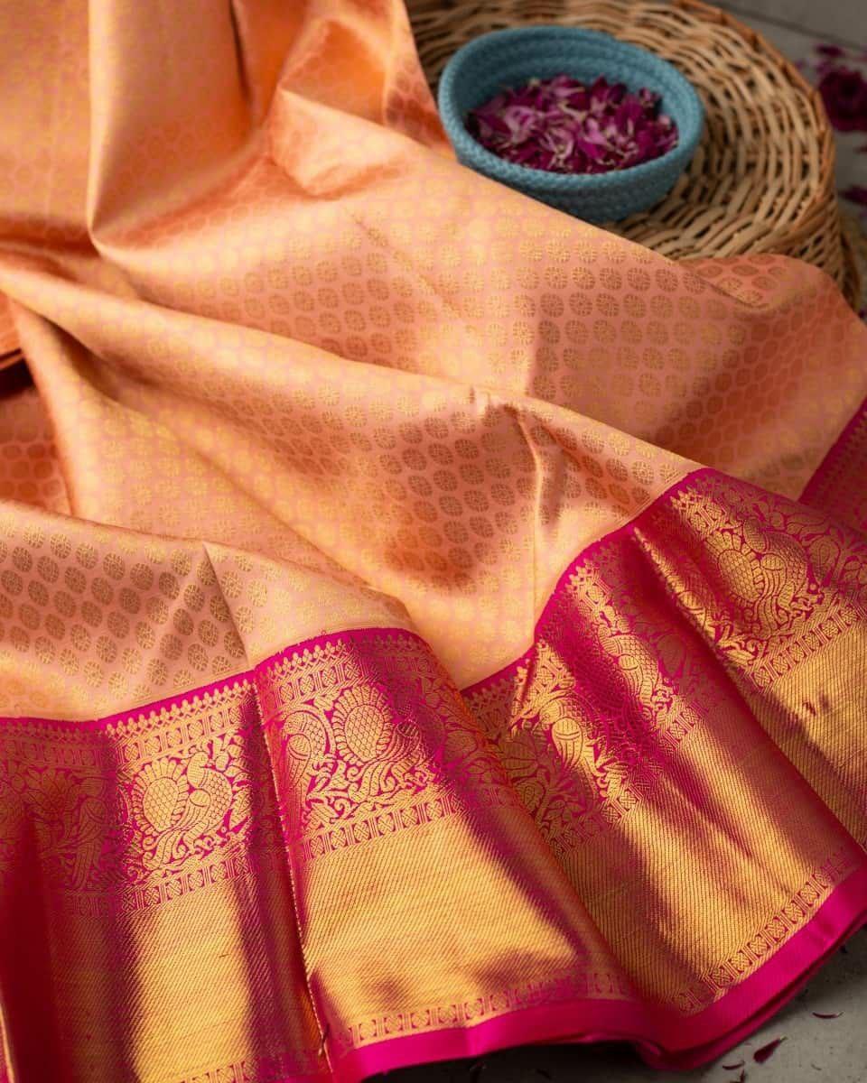 Conflate Peach Soft Banarasi Silk Saree With Amiable Blouse Piece