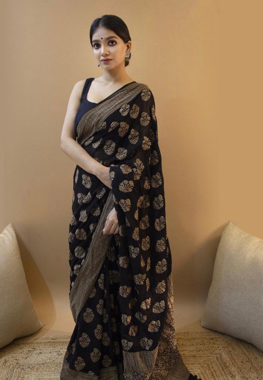 Magnificat Black Soft Silk Saree With Exuberant Blouse Piece