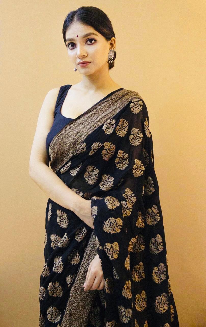 Magnificat Black Soft Silk Saree With Exuberant Blouse Piece