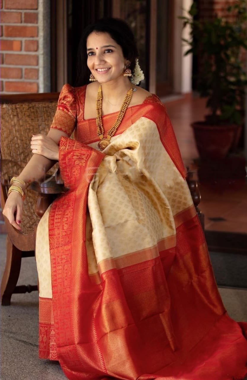 Woebegone catching Beige Soft Banarasi Silk Saree With Alluring Blouse Piece