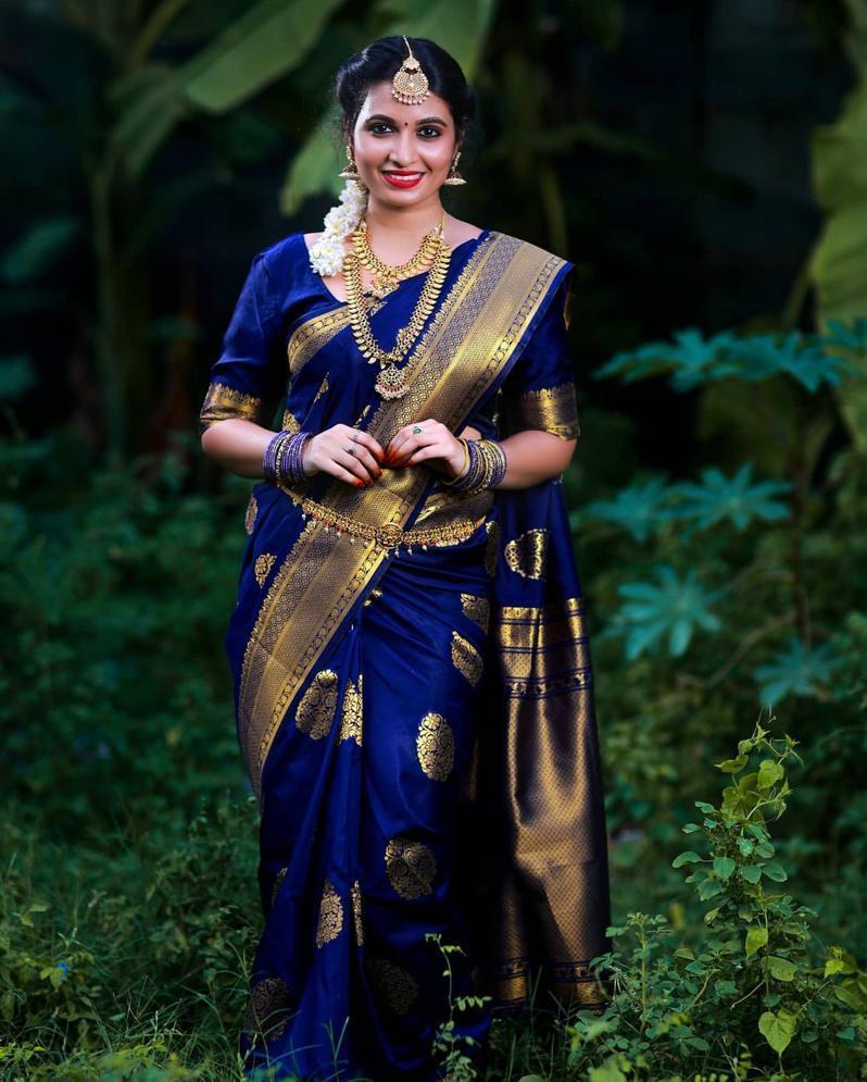 Traditional Blue Soft Banarasi Silk Saree With Surreptitious Blouse Piece