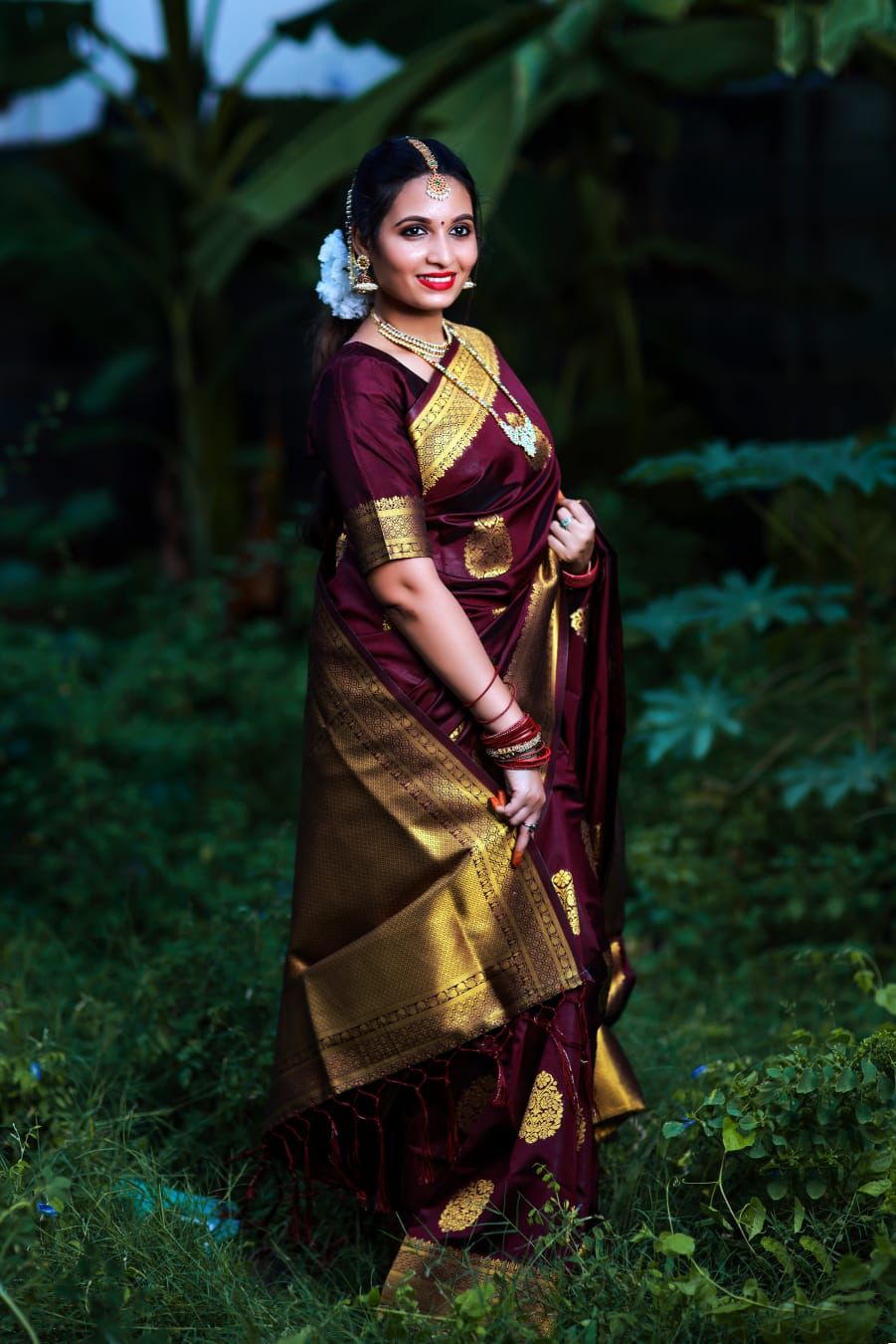 Entrancing Wine Soft Banarasi Silk Saree With Palimpsest Blouse Piece