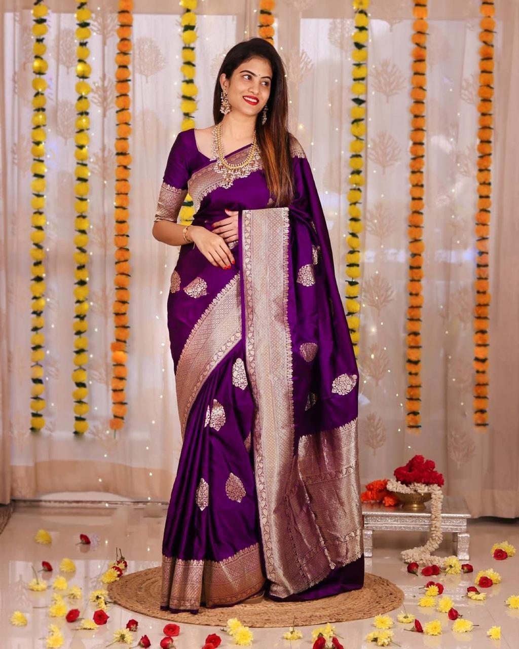 Enticing Purple Soft Banarasi Silk Saree With Pleasurable Blouse Piece