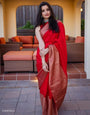 Divine Red Soft Silk Saree With Assemblage Blouse Piece