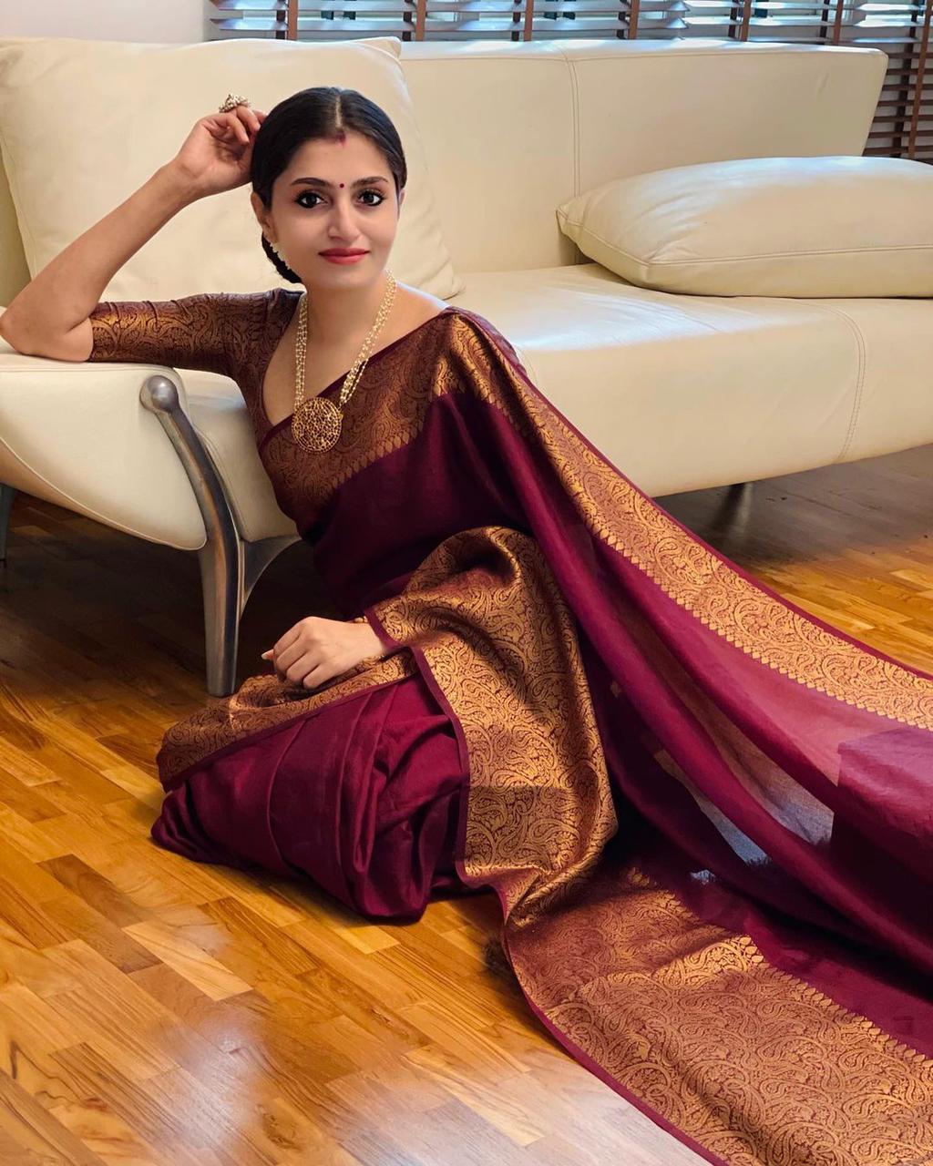 Unequalled Wine Soft Silk Saree With Vivacious Blouse Piece