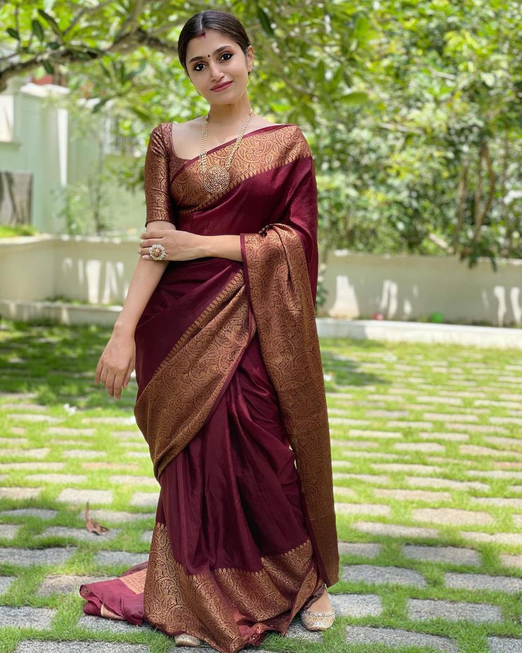 Unequalled Wine Soft Silk Saree With Vivacious Blouse Piece