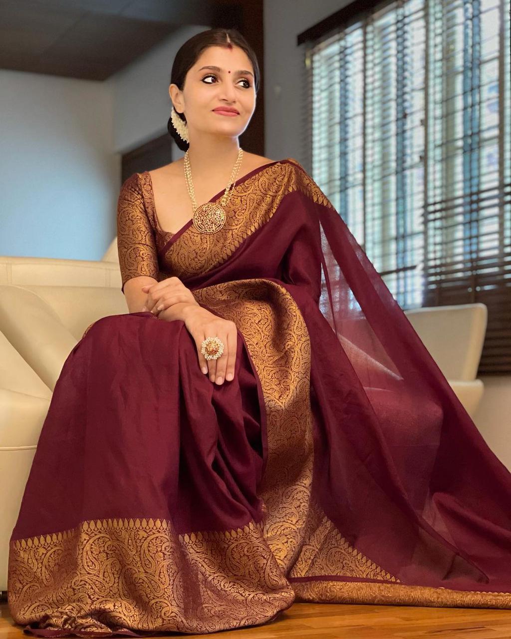 Unequalled Wine Soft Silk Saree With Vivacious Blouse Piece