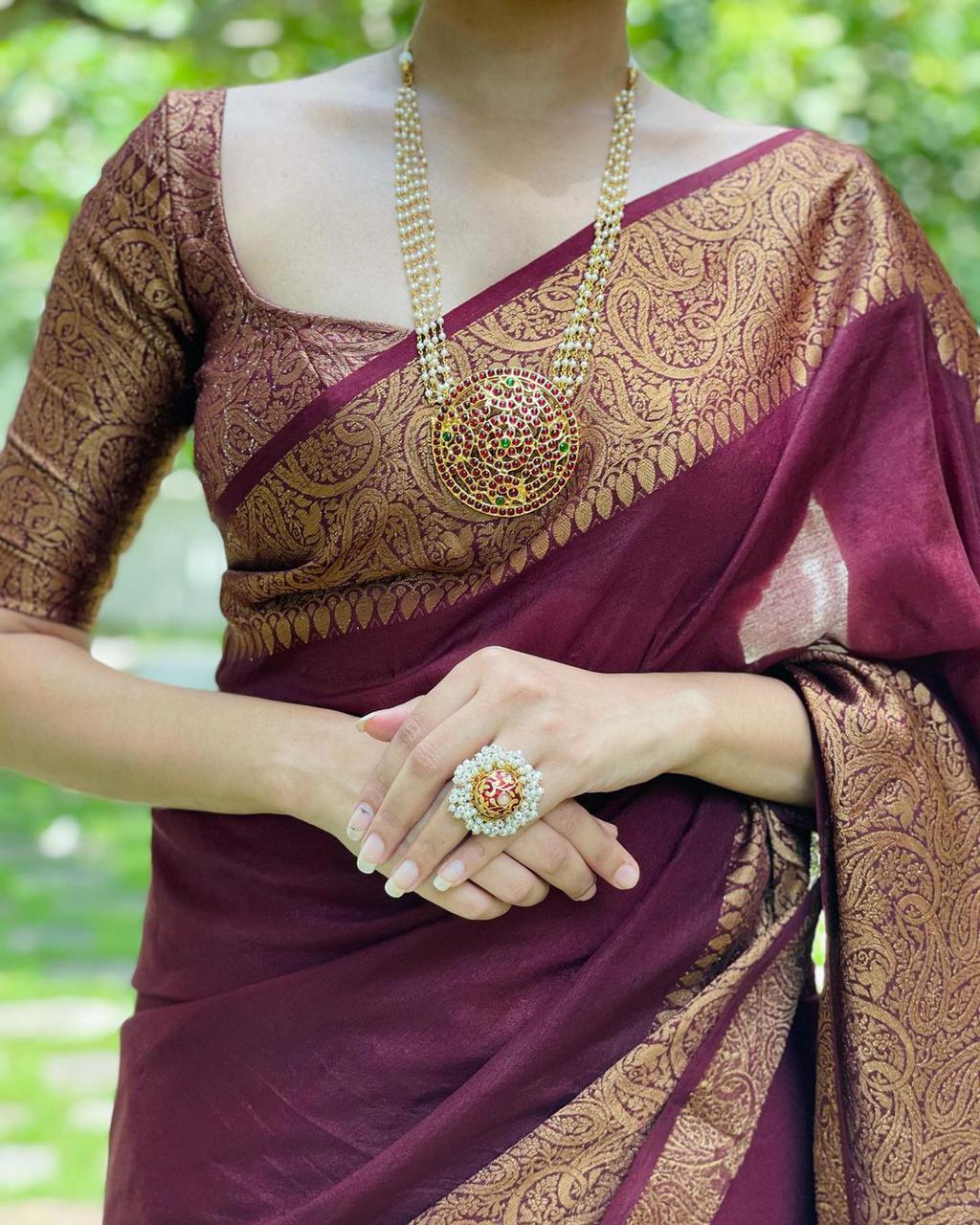 Unequalled Wine Soft Silk Saree With Vivacious Blouse Piece