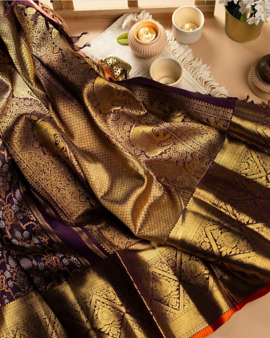 Bucolic Wine Soft Banarasi Silk Saree With Splendiferous Blouse Piece