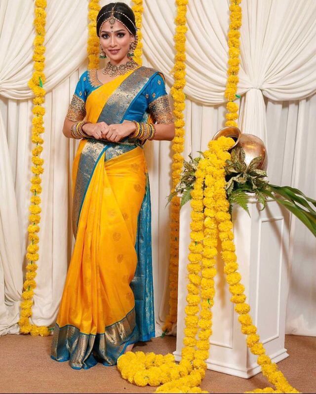 Most Stunning Yellow Soft Banarasi Silk Saree With Moiety Blouse Piece