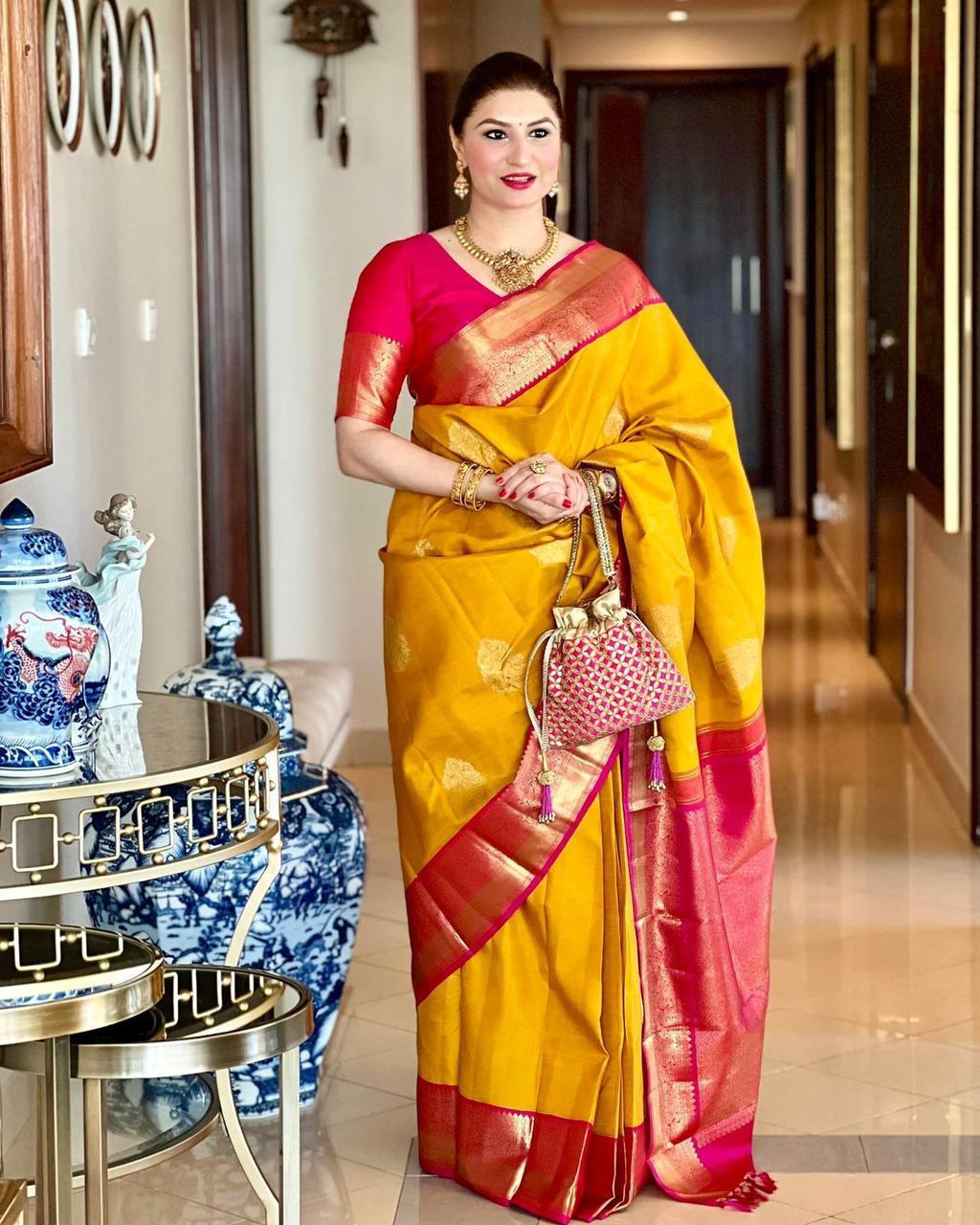 Jazzy Yellow Soft Banarasi Silk Saree With Chatoyant Blouse Piece