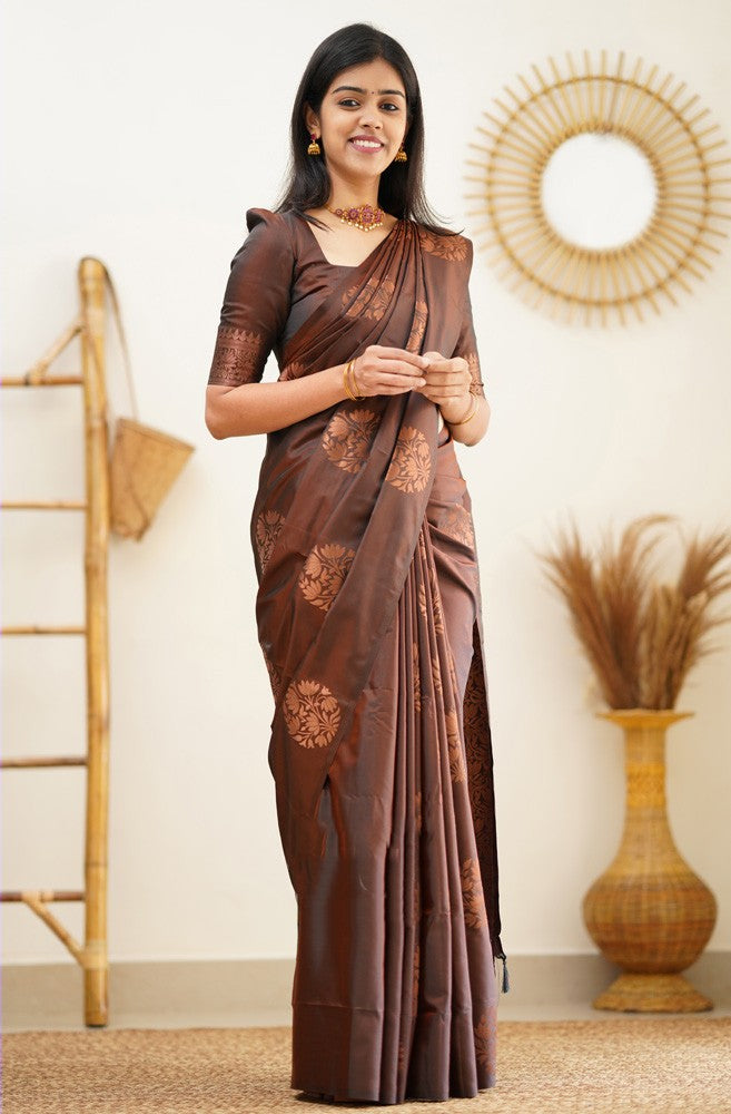 Verdant Brown Soft Silk Saree With Seraphic Blouse Piece