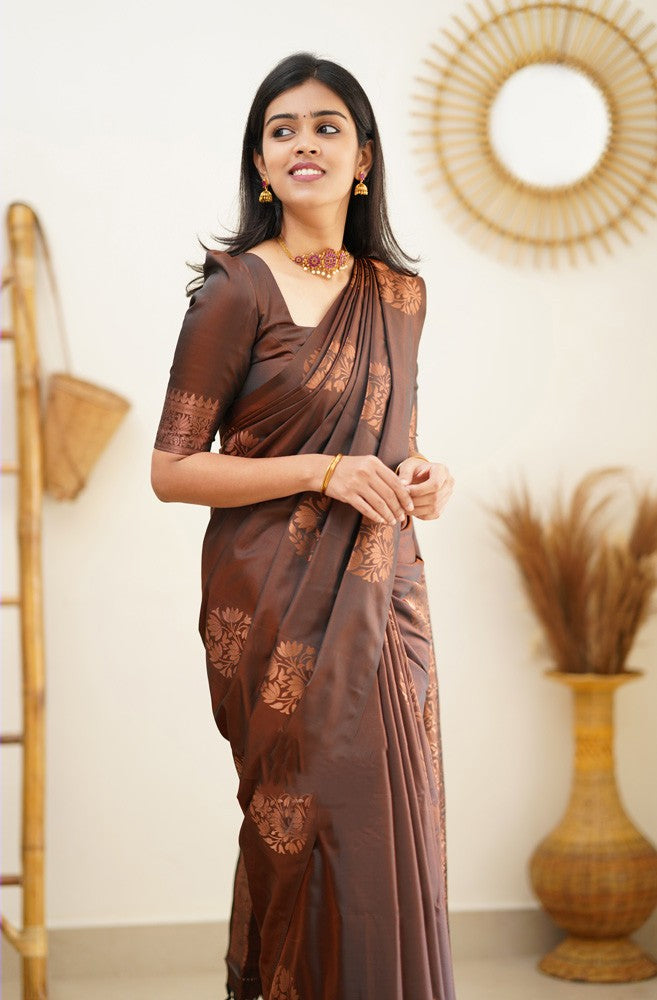 Verdant Brown Soft Silk Saree With Seraphic Blouse Piece