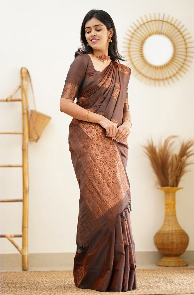 Verdant Brown Soft Silk Saree With Seraphic Blouse Piece