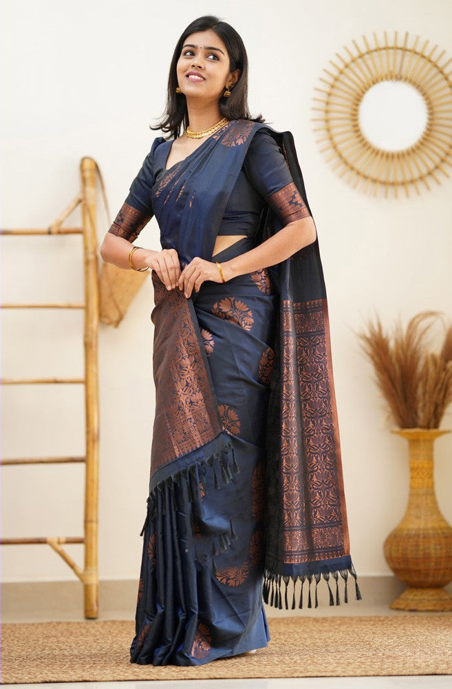 Felicitous Navy Blue Soft Silk Saree With Ratatouille Blouse Piece