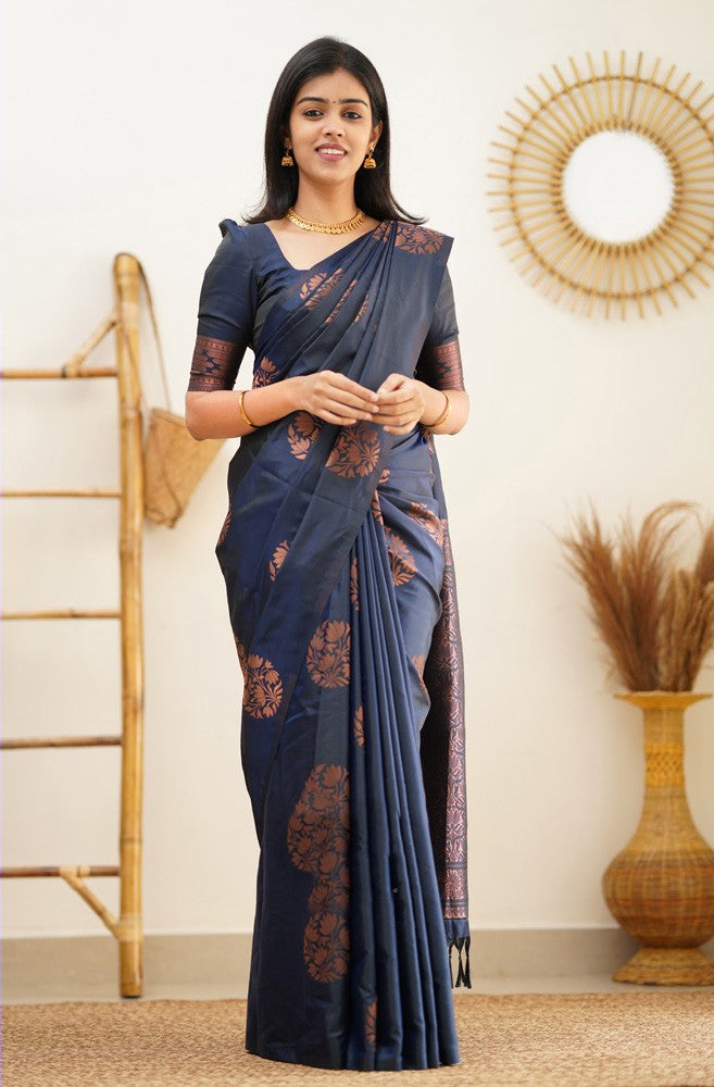 Felicitous Navy Blue Soft Silk Saree With Ratatouille Blouse Piece