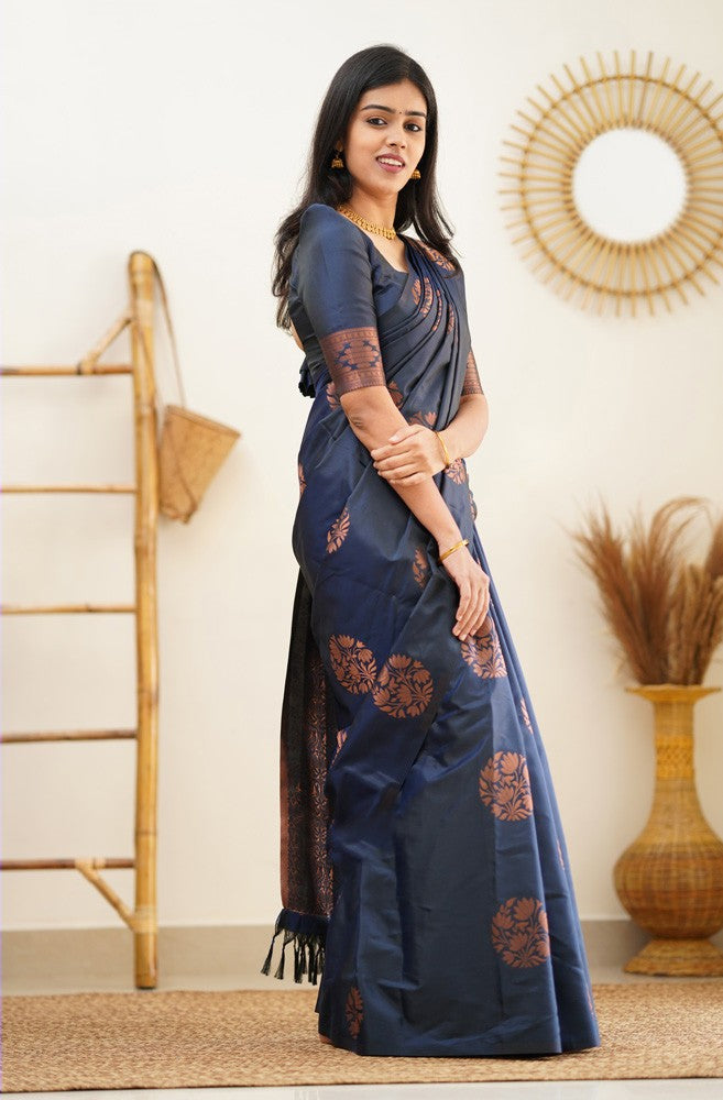 Felicitous Navy Blue Soft Silk Saree With Ratatouille Blouse Piece