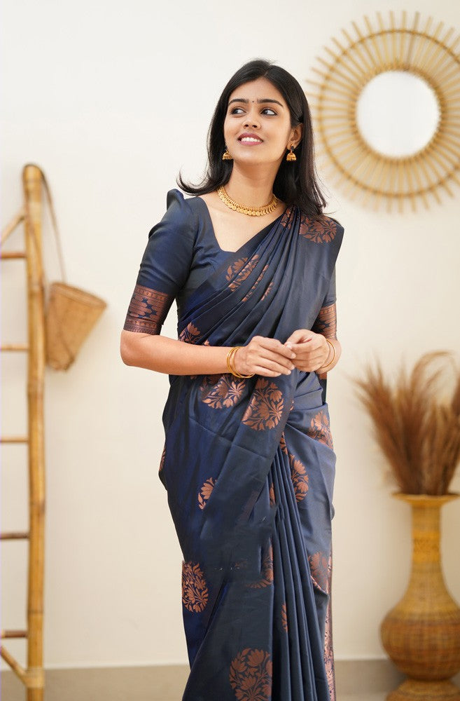 Felicitous Navy Blue Soft Silk Saree With Ratatouille Blouse Piece