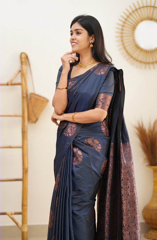 Felicitous Navy Blue Soft Silk Saree With Ratatouille Blouse Piece