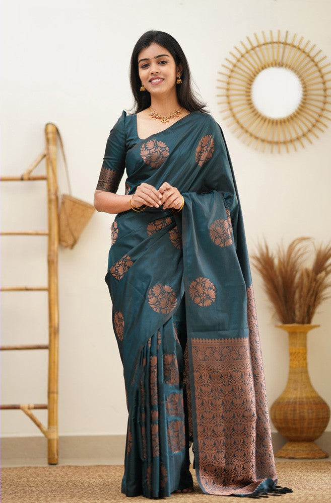 Most Flattering Rama Soft Silk Saree With Radiant Blouse Piece