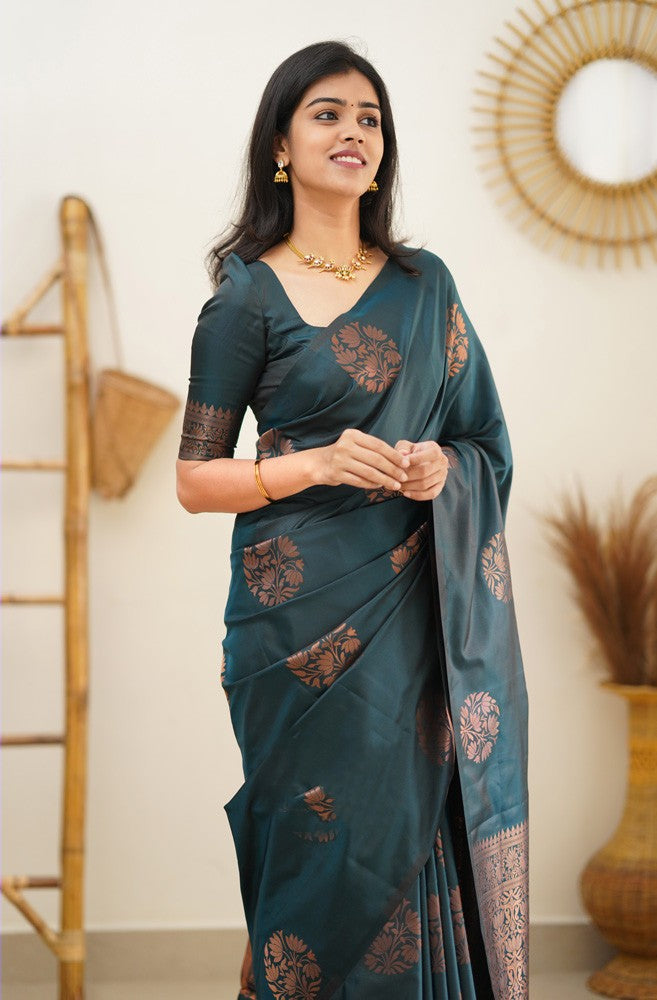 Most Flattering Rama Soft Silk Saree With Radiant Blouse Piece