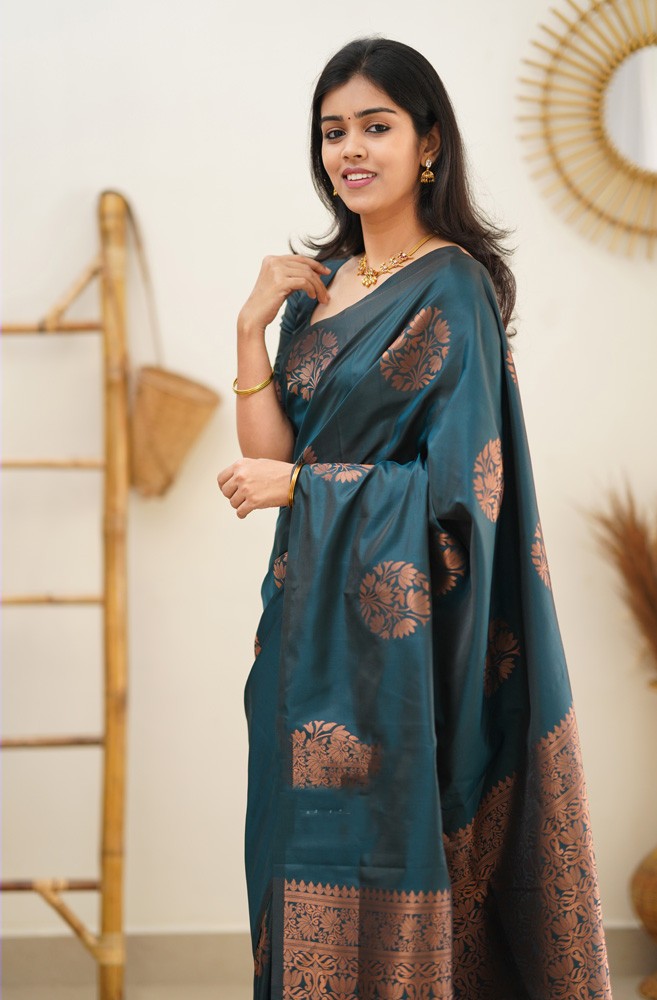 Most Flattering Rama Soft Silk Saree With Radiant Blouse Piece