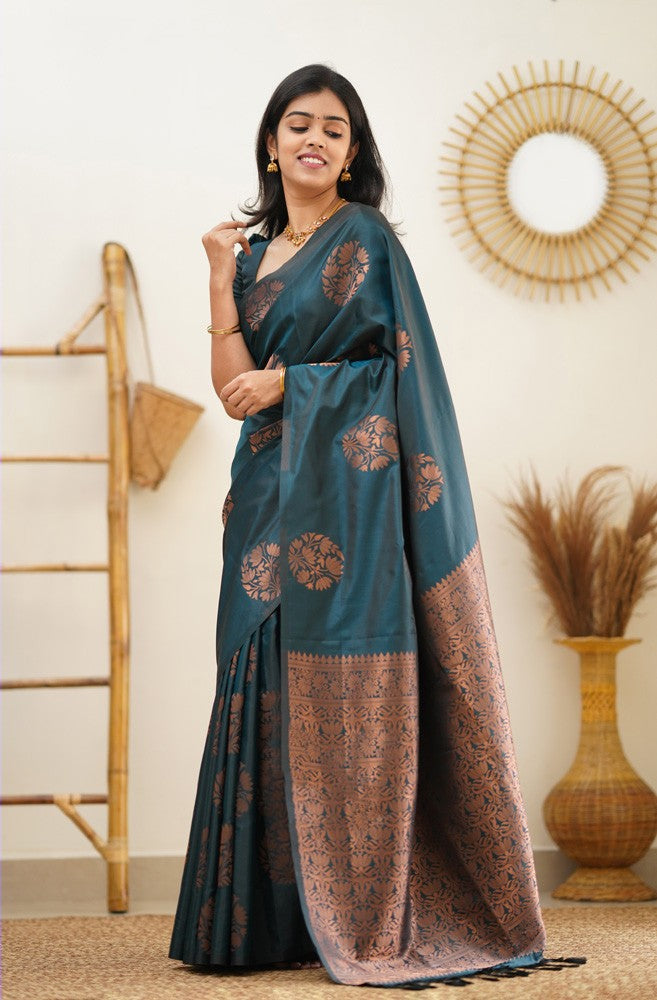 Most Flattering Rama Soft Silk Saree With Radiant Blouse Piece