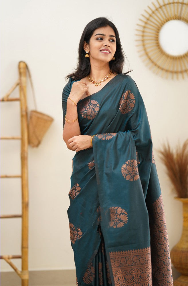 Most Flattering Rama Soft Silk Saree With Radiant Blouse Piece