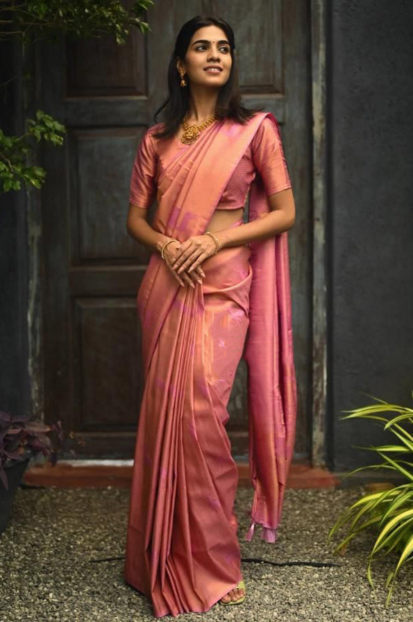 Capricious Pink Soft Silk Saree With Dazzling Blouse Piece