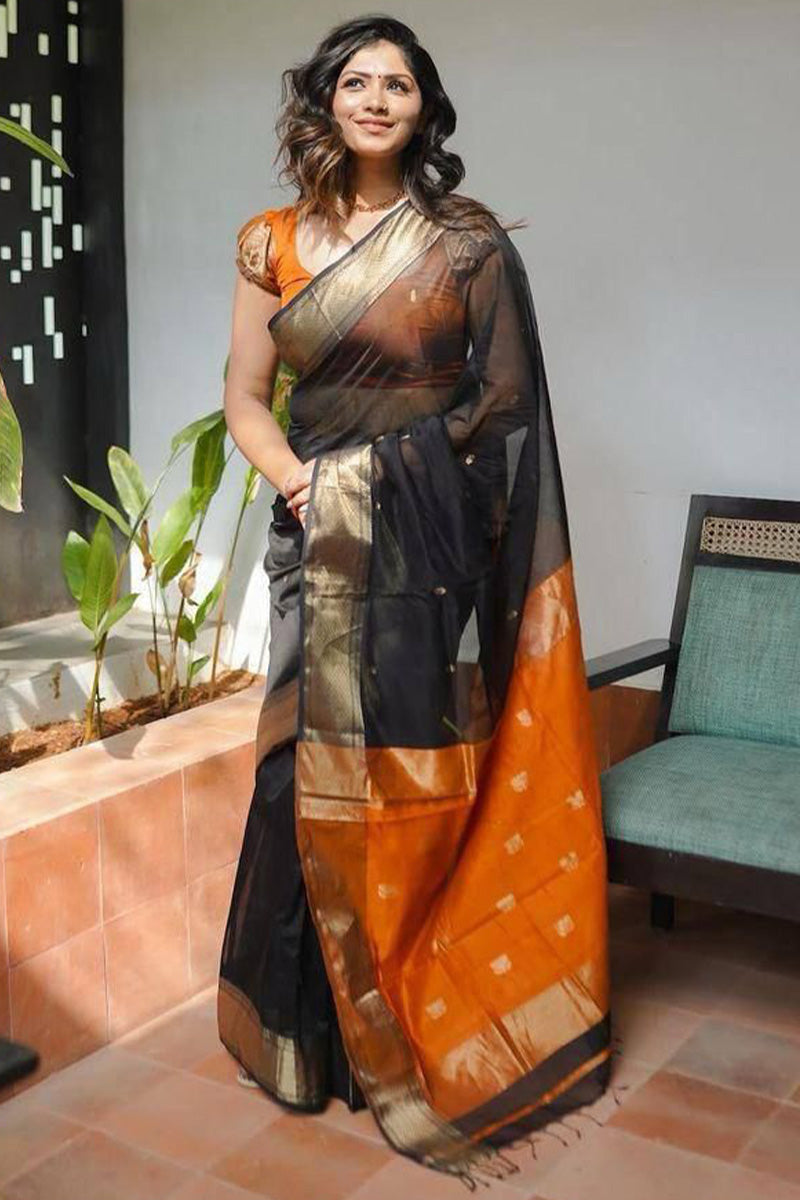 Rhapsody Black Cotton Silk Saree With Sensational Blouse Piece