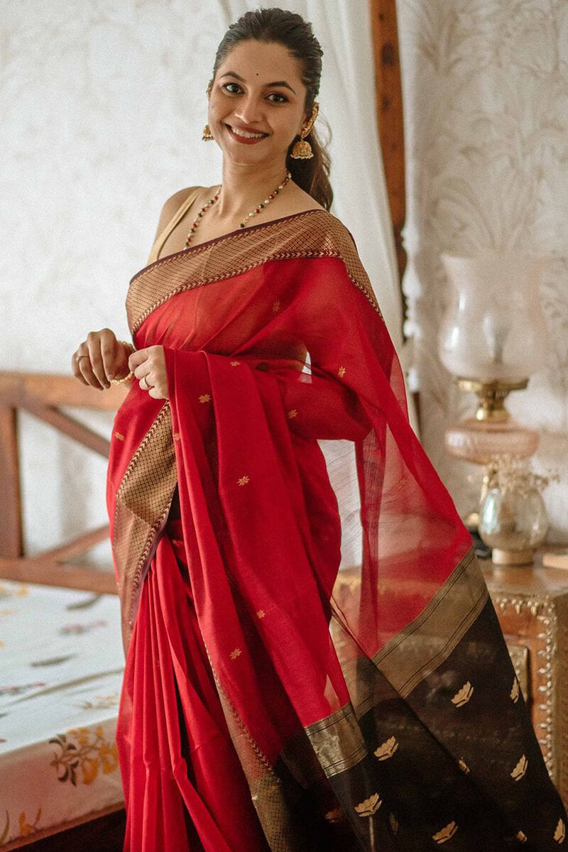 Deserving Red Cotton Silk Saree With Desirable Blouse Piece